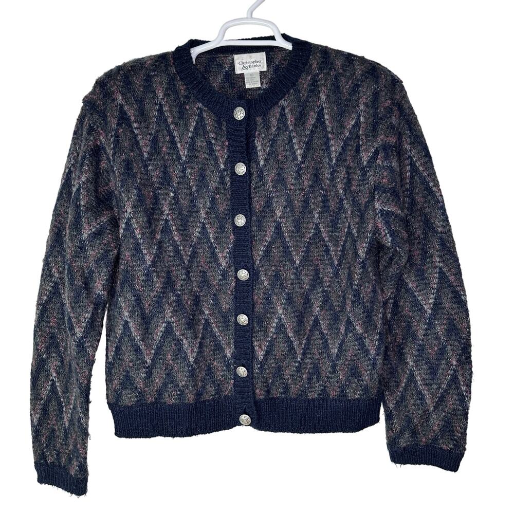 Vintage Christopher & Banks Women's XL Sweater Cardigan Mohair Chevron Knit EUC